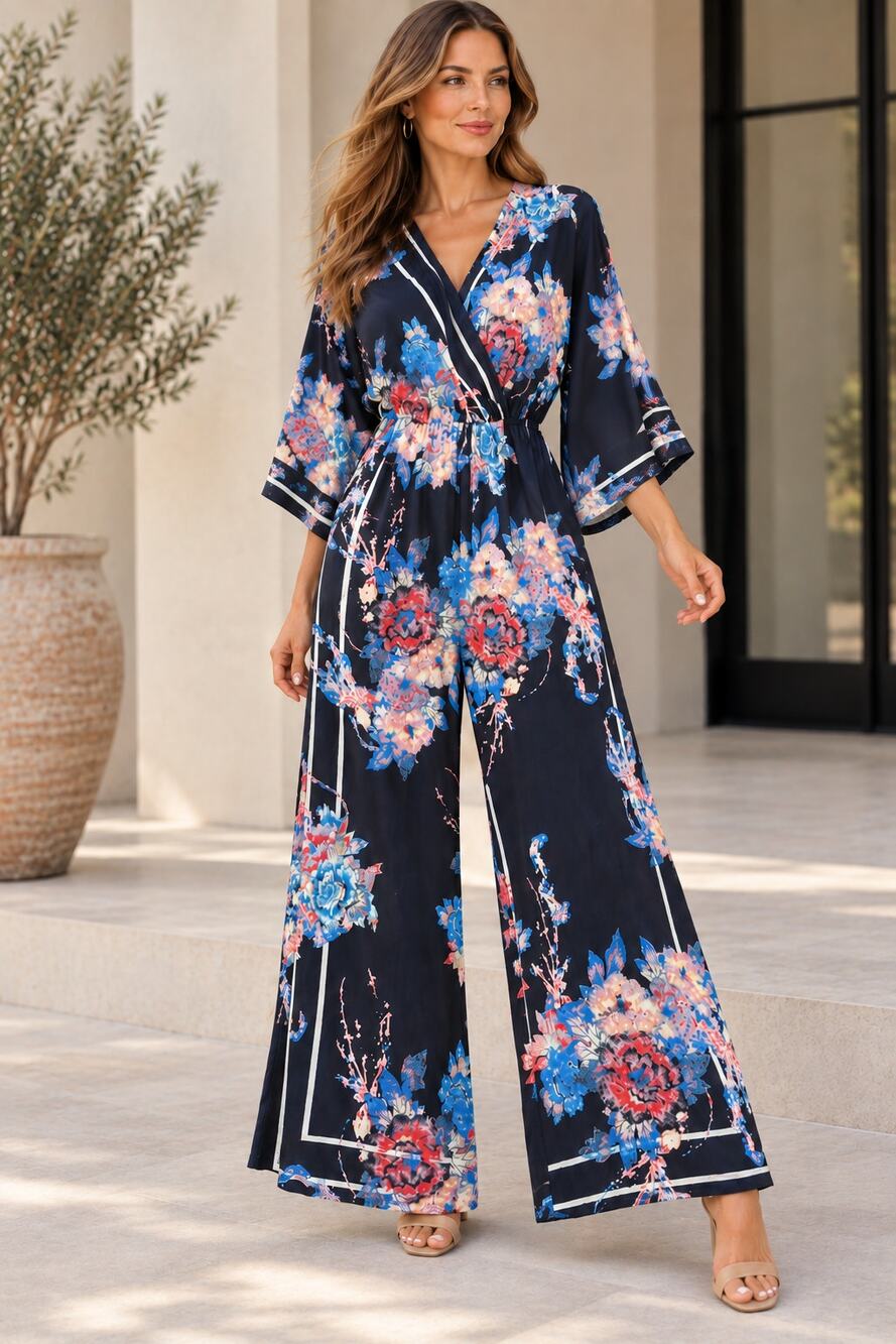 Flying Tomato Black Floral Dolman Sleeve Wide Leg Jumpsuit Small